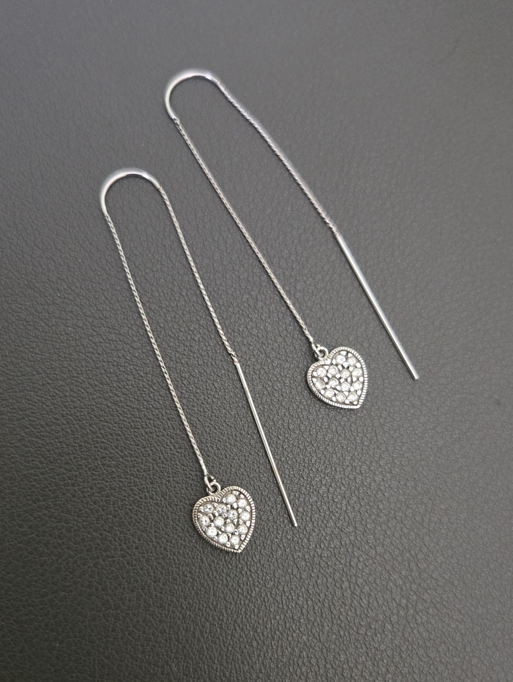 14k Solid White Gold Heart Threader Earrings